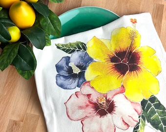 Watercolor Hibiscus Kitchen Towel, Colorful Cotton Flower Dish Cloth, Functional Art