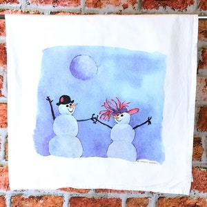 Snowman Tea Towel, Snow Couple Flour sack dish towel