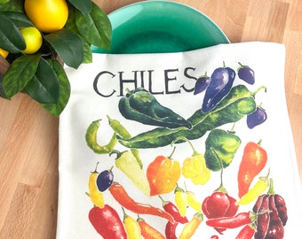 Tea Towel of Watercolor Chiles, Deluxe colorful dish towel, functional art