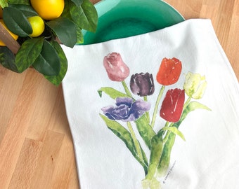 Watercolor Tulips Tea Towel, Flour sack dish towel