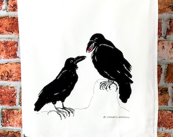 Watercolor Ravens Tea Towel, Flour sack kitchen towel