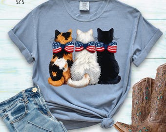 Cat T-shirt, Patriotic Faux Latch Hook Comfort Colors Garment Dyed Cotton Shirt