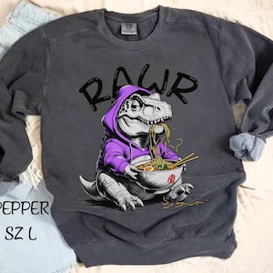 T-Rex Ramen Sweatshirt, Kawaii Dinosaur Noodle Crew Neck, Funny T-rex Pullover, Comfort Colors Jumper, Unisex Pullover for Men and Women
