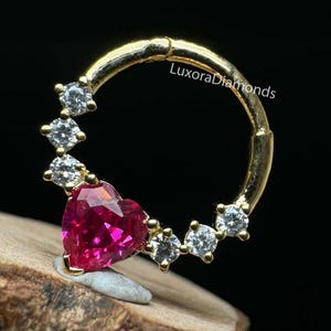 Heart Diamond Daith Earring Hoop 16G Hinged Daith Clicker Bella Solid Gold with Pink heart diamond clicker Cartilage Hoop Earrings