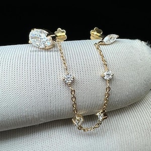 14K Solid Gold Draping Chain Earring with Oval and Marquise Diamonds