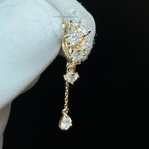 10K Solidne, delikatne kolczyki z diamentowym łańcuszkiem, łezka, minimalistyczna biżuteria ślubna, przekłucie chrząstki, prezent