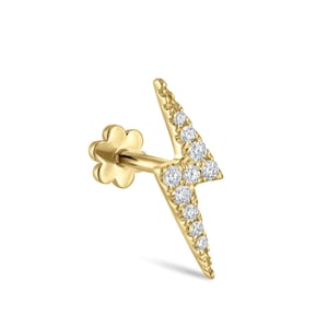 14k Solid Gold Lab Grown Diamond Lightning Bolt Threaded Stud Earring cartilage earring Stud/Tragus/Conch/Helix Piercing/Flat Back