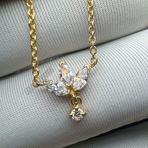 14K Solid Gold Large Engraved Diamond Lotus with Diamond Dangle Necklace Invisible Set Necklace Marquise Labgrown Diamond Necklace For Her