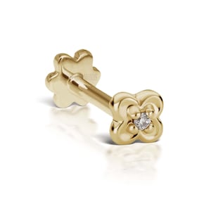 Diamond Lucky Clover Threaded Stud Earring 14k solid gold four-leaf clover with central Lab Grown diamond Piercing Helix Earring (Single)