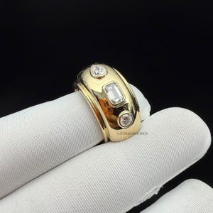 Oura 5 Chunky Cut Diamond Dome Ring Emerald Pear Round Bezel Set Gold Cigar Band Three Stone Bold Modern Statement Unique Engagement Gift