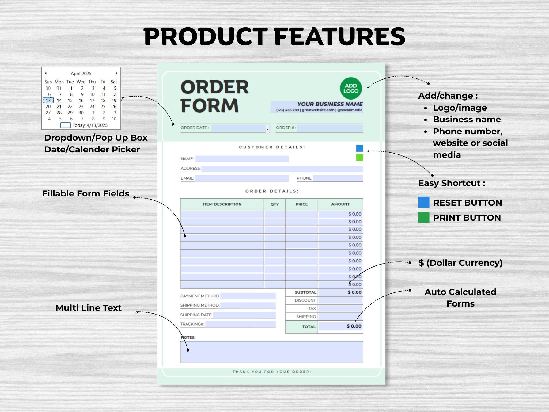 Fillable Form Color Examples Fillable Order Form Template PDF | Auto Calculated, Printable, Editable ...