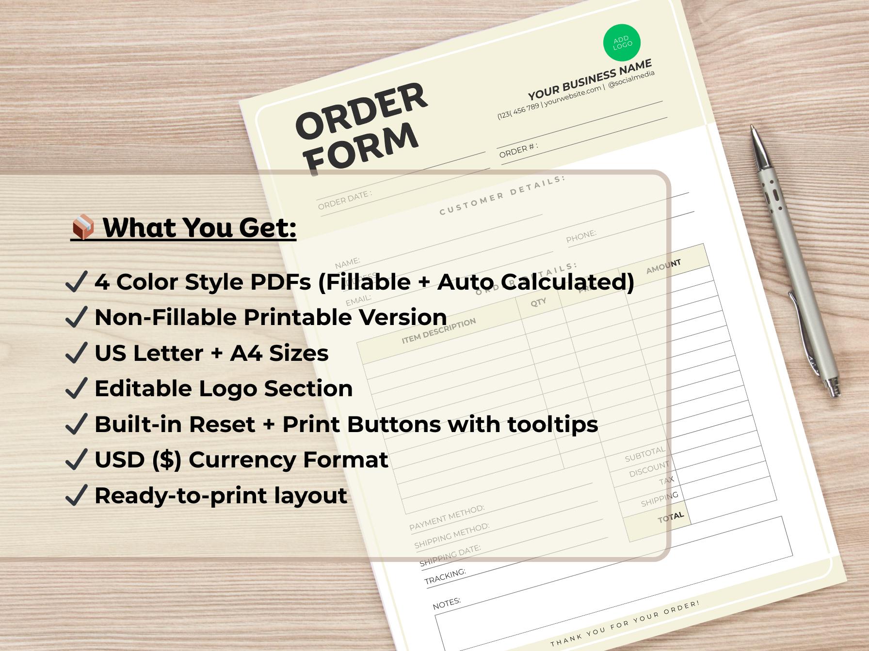 Fillable Order Form Template PDF | Auto Calculated, Printable, Editable ...