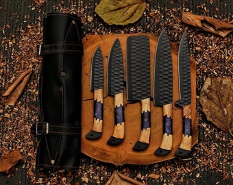 Unique Christmas Gift Hand-Forged Damascus Chef Knife Set - 5 Pcs Handmade Kitchen Knives - Custom Damascus Steel Knife Gift - BBQ Knives