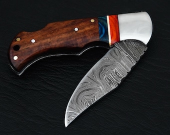 Hand Forged Damascus Steel Pocket Knife -  Folding Pocket knife for men with Handle & sheath - Gift for him - Christmas gift idea
