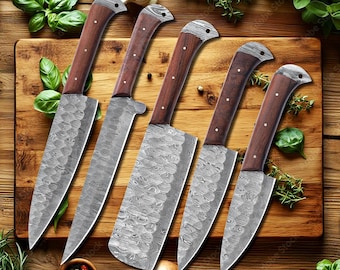 Hand-Forged Damascus Chef Knife Set - Handmade Kitchen Knives - Custom Damascus Steel Knife Gift - Chef Gift, Christmas, Anniversary