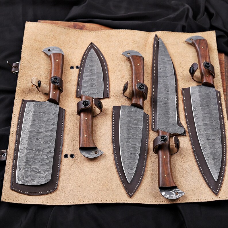 Hand-Forged Damascus Chef Knife Set - Handmade Kitchen Knives - Custom Damascus Steel Knife Gift - Chef Gift, Christmas, Anniversary image 2