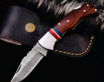 Damascus Pocket knife - Hand forged folding knife with Sheath - Unique gift for him - Outdoor, Camping , EDC knife