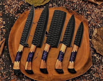 Christmas Gift Hand-Forged Damascus Chef Knife Set, 5 Pcs Handmade Kitchen Knives Damascus Steel Knife Gift, Anniversary Gift For him