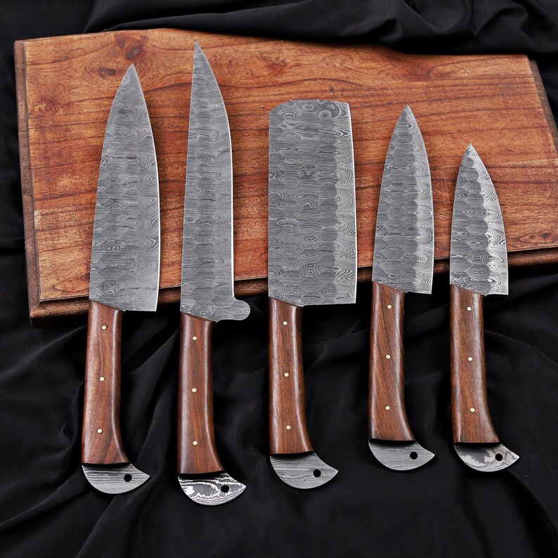 Hand-Forged Damascus Chef Knife Set - Handmade Kitchen Knives - Custom Damascus Steel Knife Gift - Chef Gift, Christmas, Anniversary image 4