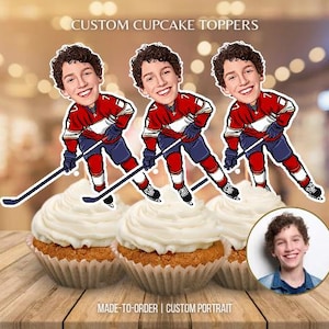 Ice Hockey Cupcake Toppers Portrait from Photo Hockey Custom Face Cupcake Topper Hockey Player Face Photo Birthday Cake Toppers Party Decor
