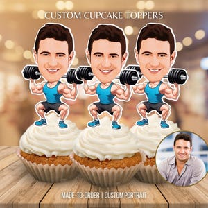Weightlifter Cupcake Toppers Portrait from Photo Custom Face Body Builder Cupcake Topper Gym Face Cut out Weightlifter Birthday Cake Decor