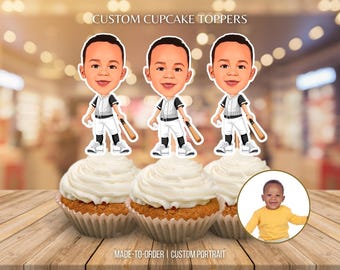 Baseball Cupcake Toppers Portrait from Photo Baseball Custom Face Cupcake Topper Personalized Baseball Birthday Party Decor Cake Topper