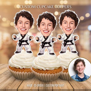 Karate cupcake toppers portret van foto vechtsporten aangepaste gezicht cupcake topper gepersonaliseerde karate kind verjaardagsfeestje decor taart topper