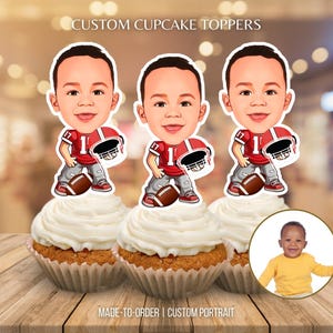 Topper per cupcake con ritratto di volto di football americano, decorazione per torta di compleanno personalizzata con volto di giocatore di football americano