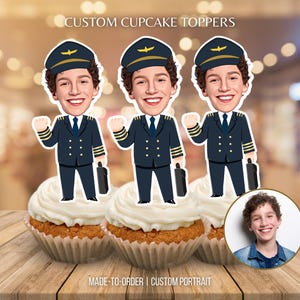 Pilot Cupcake Toppers Portrait from Photo Aeronautics Custom Face Cupcake Topper Personalized Pilot Birthday Party Cake Decor Face Cut out