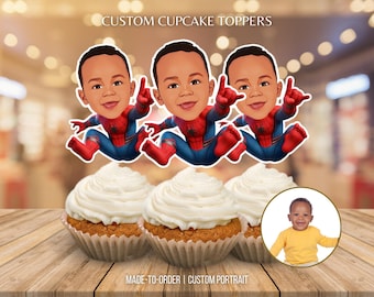 Adornos personalizados para cupcakes con cara de Spidey: Retrato de superhéroe personalizado (producto digital)