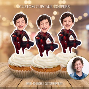 Superhero Cupcake Toppers Portrait from Photo Spider man Custom Face Cupcake Topper Personalized Spidey Face Cut out Birthday Cake Decor