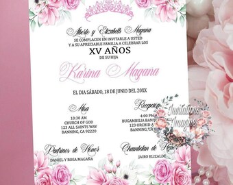 Invitación XV impresa en tamaño 5x7". Sobres blancos incluidos.
