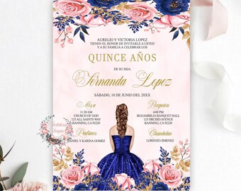 Invitación XV impresa en tamaño 5x7". Sobres blancos incluidos.