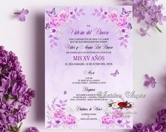 Invitación XV impresa en tamaño 5x7". Sobres blancos incluidos.