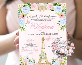 Invitación XV impresa en tamaño 5x7". Sobres blancos incluidos.