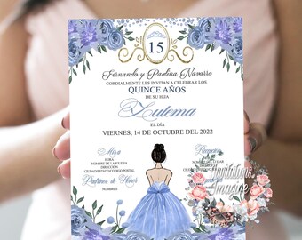 Invitación XV impresa en tamaño 5x7". Sobres blancos incluidos.