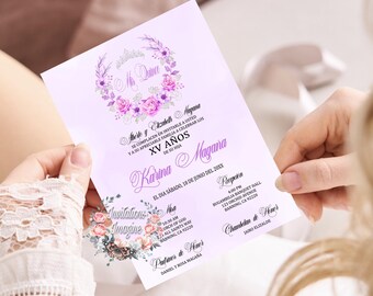Invitación XV impresa en tamaño 5x7". Sobres blancos incluidos.
