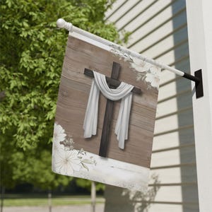 Wood Cross with Draped Cloth Garden Flag, House Banner Flag, Easter, He is Risen, Christian