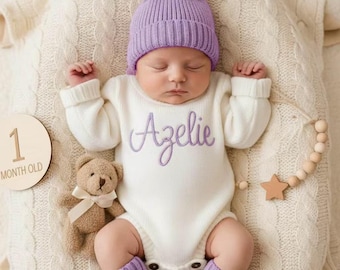 Custom Embroidered Baby Name Romper, Personalized Knitted Baby Romper,Coming Home Outfit,Baby Shower Gift,Newborn Romper,First Birthday Gift