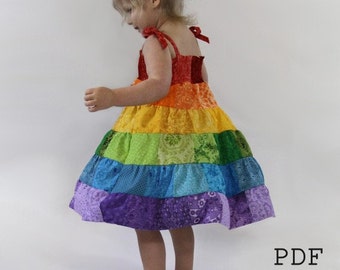 Patrón PDF de vestido arco iris - Tutorial de costura de vestido de verano con patchwork para niños pequeños/niñas - Descarga instantánea