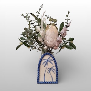 Handmade Arched Ceramic Vase, Palm Tree Sgraffito Vase