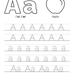Puede incluir: Hoja de trabajo en blanco y negro para aprender la letra A. Las letras mayúsculas y minúsculas se muestran en la parte superior de la página. La letra A se repite varias veces en líneas punteadas para practicar el trazado. La palabra 'Manzana' está escrita debajo de una ilustración de una manzana.