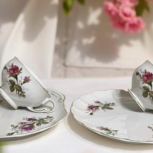 Vintage Tea Cup Saucer Pink Rose Plate Set of 2