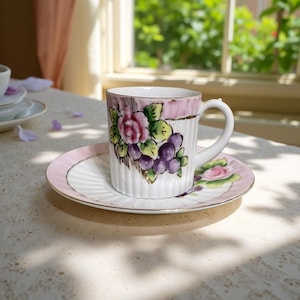 Vintage Cup and Saucer Espresso Pink and White Floral with Gold Trim