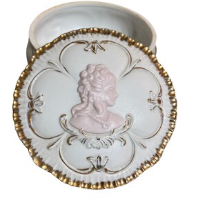 Vintage Jewelry Box Pink White Cameo Trinket Box  Gold Painted Accents UCACO
