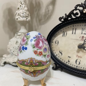 Vintage Porcelain Egg Trinket Box with Floral Design