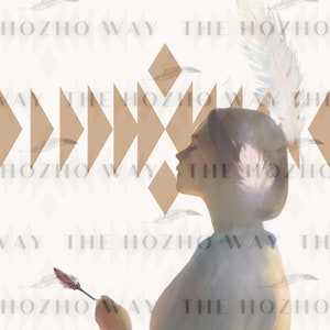 May include: A woman with long dark hair is wearing a white shirt and holding a feather. The background is a white and brown geometric pattern with the text "WAY THE HOZHO WAY THE HOZHO WAY THE HOZHO WAY THE HOZHO" repeated.