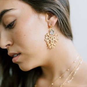 Lace Flower Statement Earrings, gold earrings, bridal earrings, jewelry, bridesmaid gift, wedding jewelry, drops, chandeliers, flower image 1