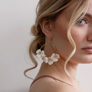 Ivy - White Floral and Gold Hoop Statement Earrings, gold earrings, bridal earrings, flower earrings, hoops, wedding, white flower earrings
