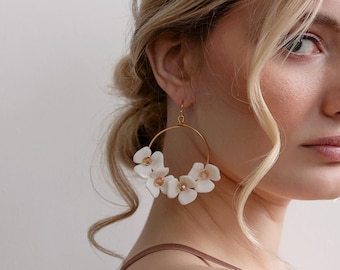 Ivy - White Floral and Gold Hoop Statement Earrings, gold earrings, bridal earrings, flower earrings, hoops, wedding, white flower earrings